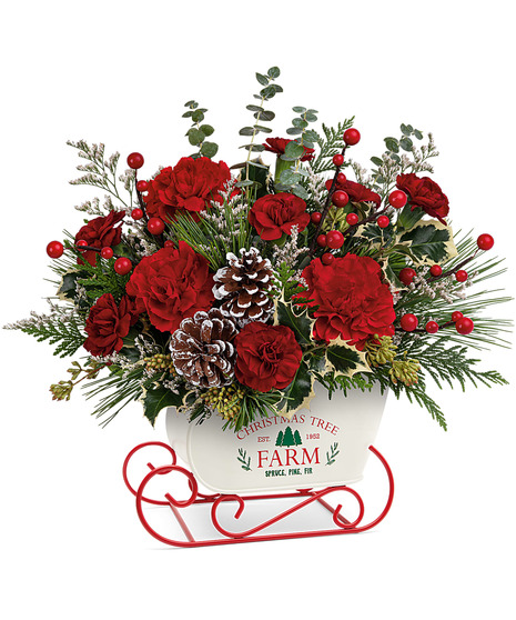 red and green holiday arrangement